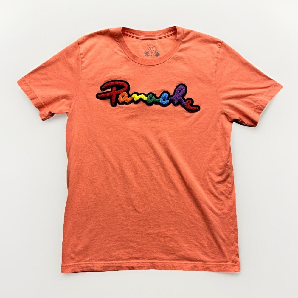 Panache Carpet Puff Print Shirt Size Medium Rainbow Font Fuzzy Peach Crew Neck